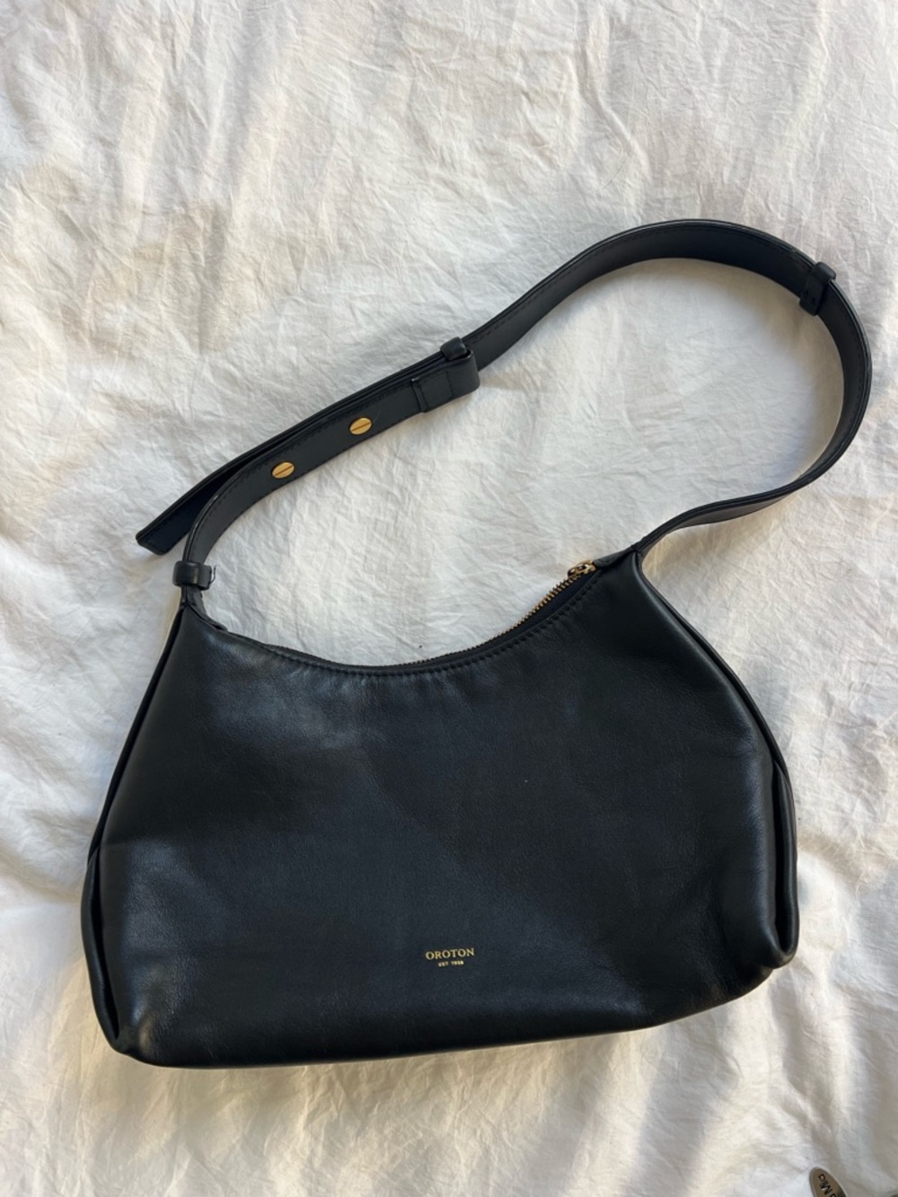 Oroton Black Leather Shoulder Bag with Gold Hardware